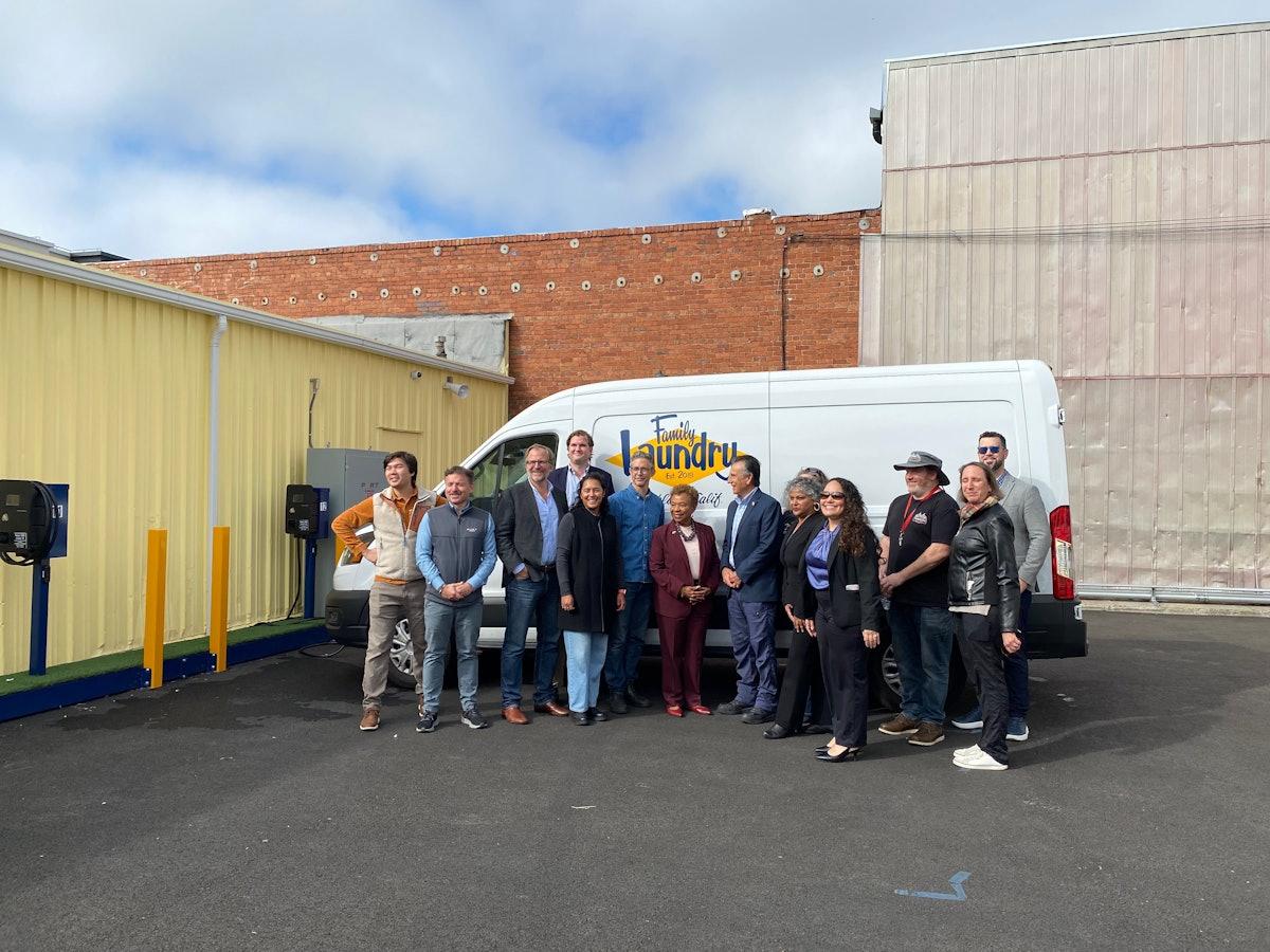 Oakland Mayor Barbara Lee with Family Laundry's founders and project partners at the EV charging depot opening