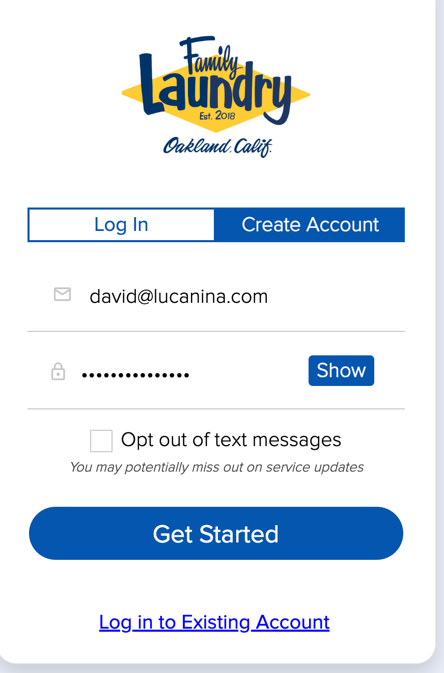 Family Laundry sign-up screen with the 'Opt out of text messages' checkbox