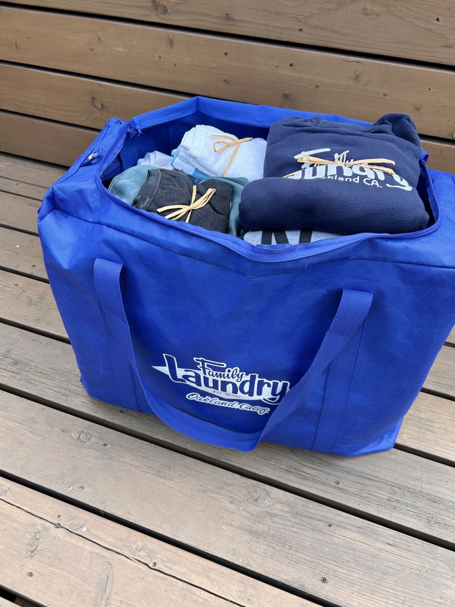 A Family Laundry bag of folded, bundled laundry delivered to a doorstep